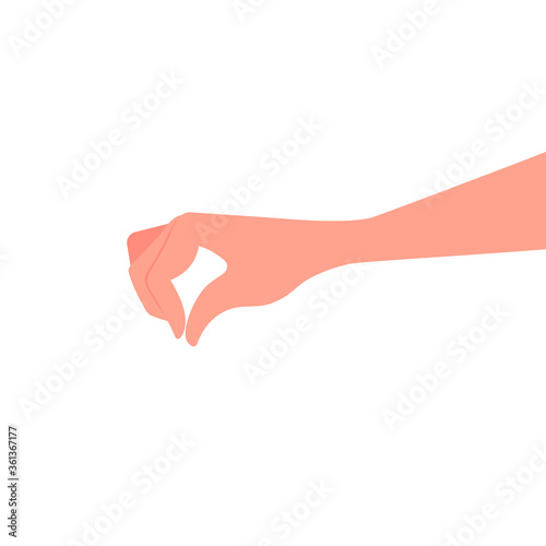 Hand with folded fingers isolated on a white background. Concept: sprinkle, salt, season, pinch, choose, make choices, pluck. Vector illustration, flat cartoon design, eps 10.