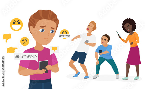 Cyber bullying people vector illustration. Cartoon flat sad bullied teen boy character holding smartphone with hate messages from schoolmates, cyber bully mockery problem in school isolated on white