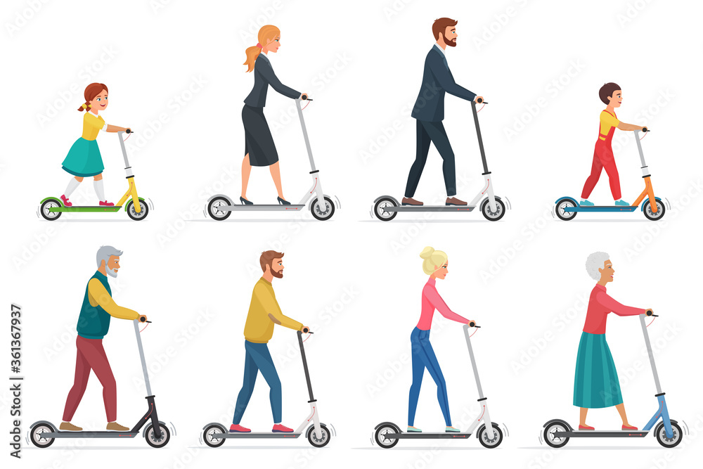 People on electric scooter set flat vector illustration. Male and female  cartoon character riding ecologically clean urban vehicle. Family in  formal, casual clothes using modern personal transporter Stock Vector |  Adobe Stock