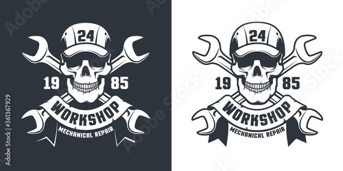 Skull and adjustable wrench - Repair car service vintage logo . Auto Mechanical workshop retro tattoo - skeleton handyman in cap and tools. Vector illustration.