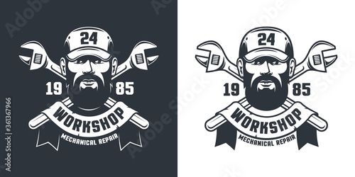 Repairman mechanic vintage emblem - worker and adjustable wrench. Repair service vintage tattoo - handyman in cap and spanner. Vector illustration.