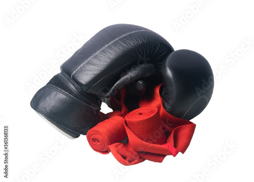 sports uniform and equipment, on a white background, gloves and bandages for boxing, close-up