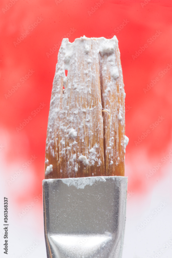 close up of white flat paintbrush on red spot close up of white flat paintbrush on red spot