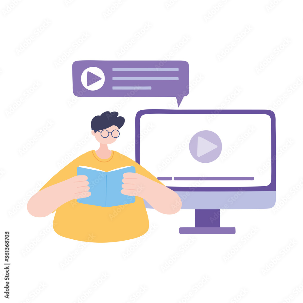 stay at home, young man reading book computer video, self isolation, activities in quarantine for coronavirus stay at home, young man reading book computer video, self isolation, activities in quarantine for coronavirus