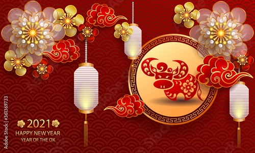 Happy new year 2021 / Chinese new year / Year of the ox / Zodiac sign for greetings card, invitation, posters, brochure, calendar, flyers, banners.