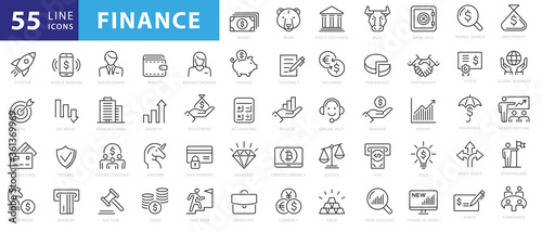 Vector business and finance editable stroke line icon set with money, bank, check, law, auction, exchance, payment, wallet, deposit, piggy, calculator, web and more isolated outline thin symbol photo