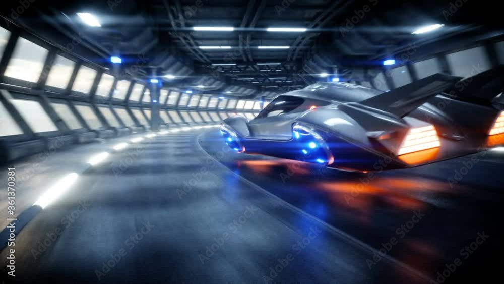 futuristic flying car fast driving in sci fi tunnel, coridor. Concept of future. Realistic 4k animation.