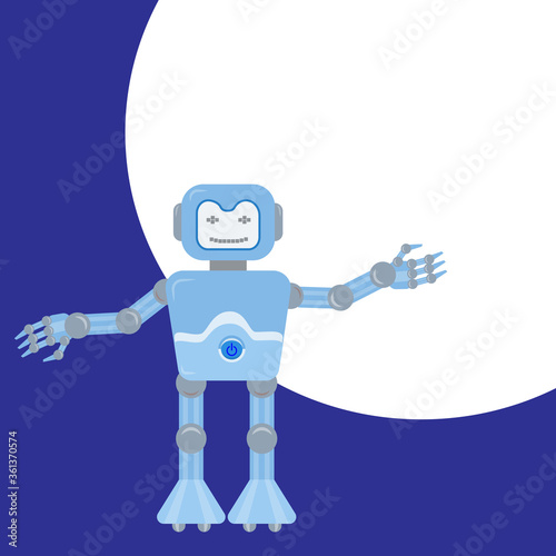 Funny android robot shows a hand. New technologies concept. Place under the text, copy space. Vector illustration