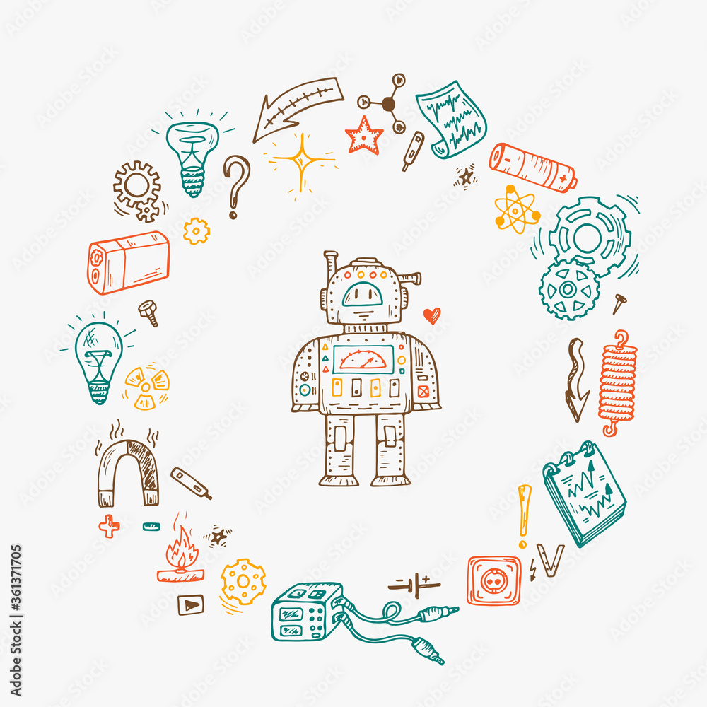 Science icons. Hand drawn doodles Physics Set. Robot, Measuring equipment, instrumentation and elements
