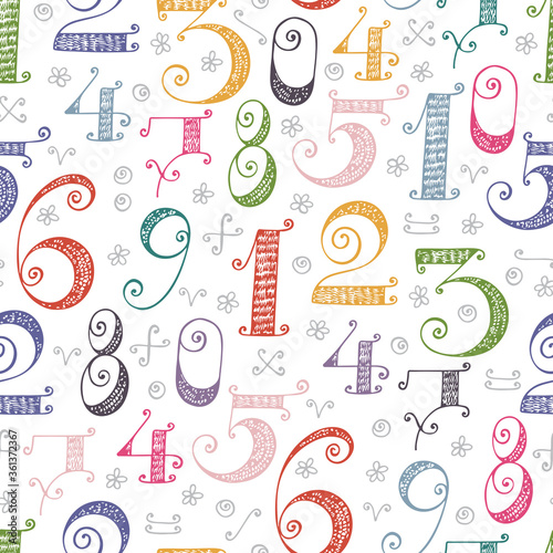 Colorful Numbers seamless pattern. Hand drawn cartoon doodle ornamental Numbers. Mathematical background for kids. 