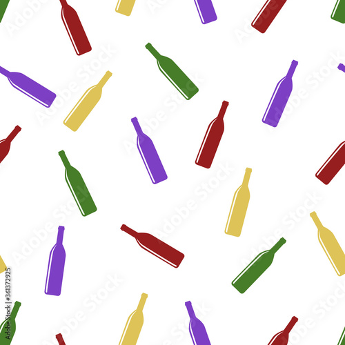 Vector seamless pattern of colorful bottles on a white background.