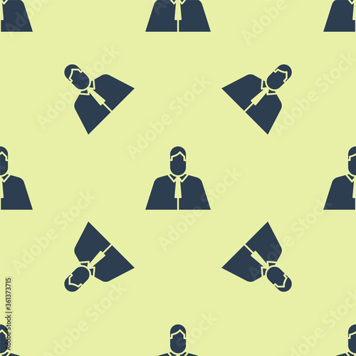 Blue Lawyer, attorney, jurist icon isolated seamless pattern on yellow background. Jurisprudence, law or court icon.  Vector Illustration
