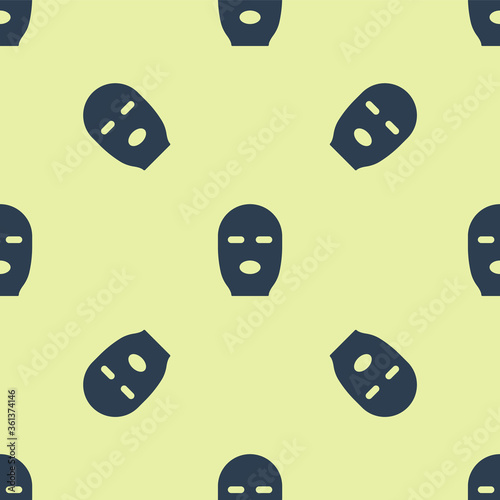 Blue Thief mask icon isolated seamless pattern on yellow background. Bandit mask, criminal man.  Vector Illustration