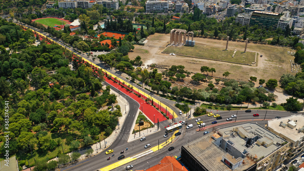 Aerial drone photo of new renovated Vasilissis Olgas avenue pedestrian walk way part of new long walk of Athens centre in front of historical Temple of Zeus, Attica, Greece