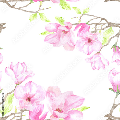 Fototapeta Naklejka Na Ścianę i Meble -  Watercolor seamless pattern magnolia branch. Perfect in printing, textile, web design, souvenir products, scrapbooking, planner and many other creative ideas.