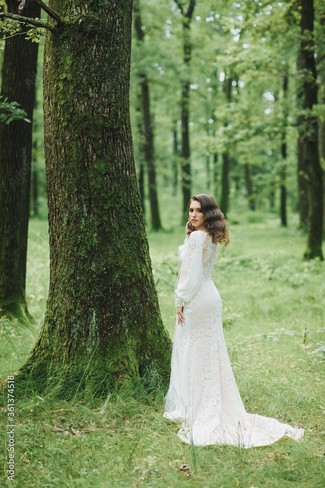 Beautiful bride in fashion wedding dress on natural background.The stunning young bride is incredibly happy. Wedding day. A beautiful bride portrait in the forest.