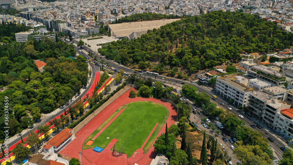 Aerial drone photo of new renovated Vasilissis Olgas avenue pedestrian walk way part of new long walk of Athens centre in front of historical Zappeion hall, Attica, Greece