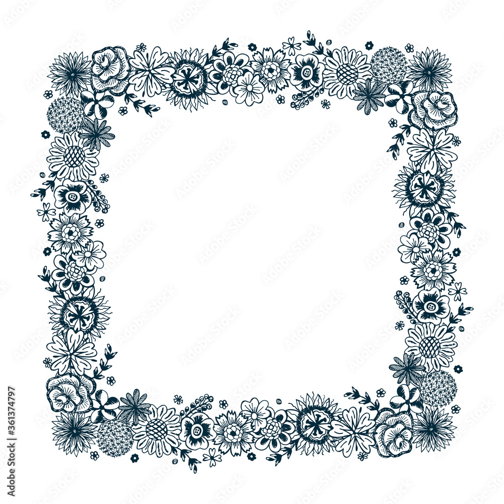 Floral square frame. Hand drawn doodle Flowers
