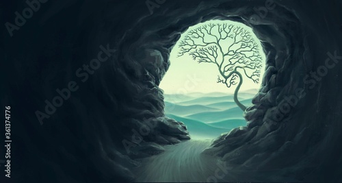 Tree brain with human head cave, idea concept of think  hope freedom and mind , surreal artwork, dream art , fantasy landscape, imagination of nature 