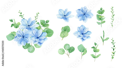 Watercolor blue flowers 
bouquet and set of elementsv