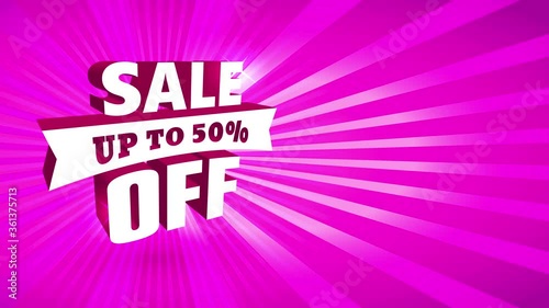 50 percentage off agreement publicity with large 3d metal printing with ribbon over glittering fuchsia sunburst background