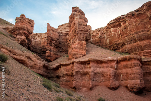 Red canyon valley. Beautiful desert landscape with sand  rocks and hills. National park summer view