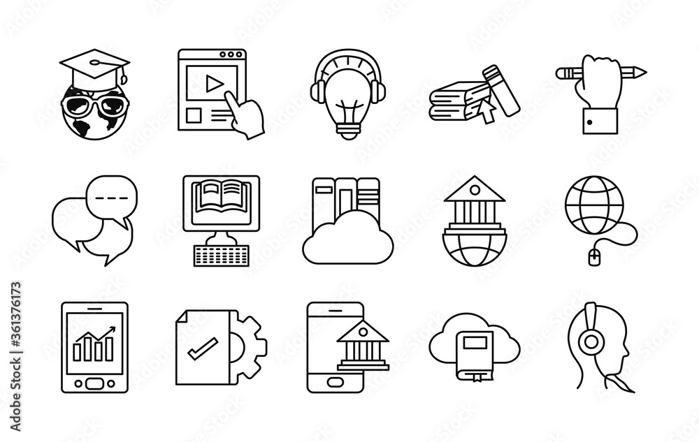 Fototapeta premium global sphere and online education icon set, line style