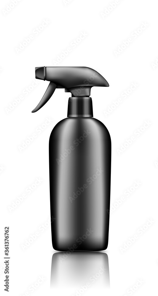 Fototapeta premium Black plastic spray pistol cosmetic bottle mockup isolated on white background. Packaging design. Blank cleaning, hygiene product container template. 3d realistic vector illustration