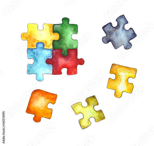 Watercolor illustration.children's puzzle paper puzzle, colorful puzzle pieces. Isolated on a white background