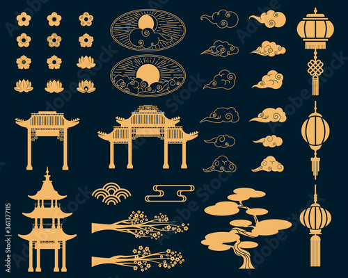 Asian decorative elements set. Gold lanterns, Japanese sakura blossoms and tree branches, traditional gates. Vector illustrations for Japan, culture symbols, tradition concept