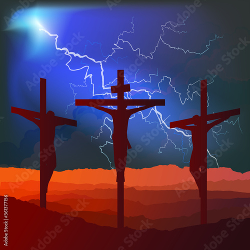 Silhouetted depiction of the crucifixion of Christ and two thieves collectively referred to as the Passion set against a retribution lightning sky background