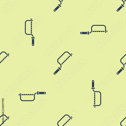 Blue Hacksaw icon isolated seamless pattern on yellow background. Metal saw for wood and metal.  Vector Illustration