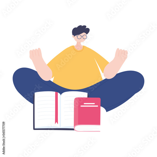 stay at home, young man with book sitting on floor, self isolation, activities in quarantine for coronavirus