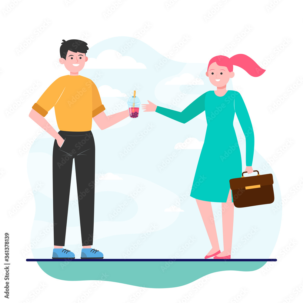Young man giving bubble tea to girl. Friend, colleague, woman flat vector illustration. Friendship and relationship concept for banner, website design or landing web page