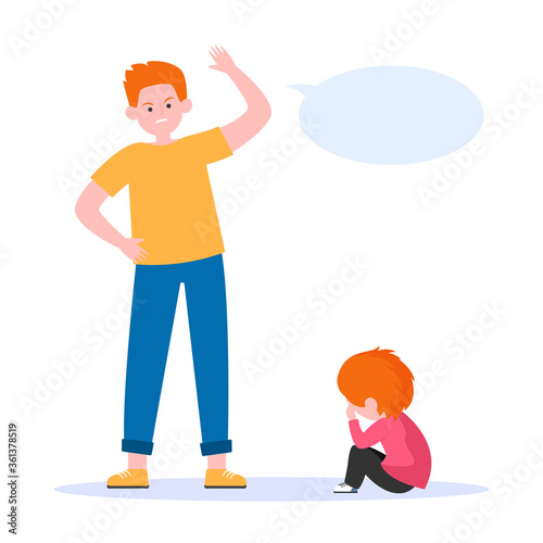 Angry father scolding his little son. Dad, kid, crying flat vector illustration. Annoyance and parental abuse concept for banner, website design or landing web page