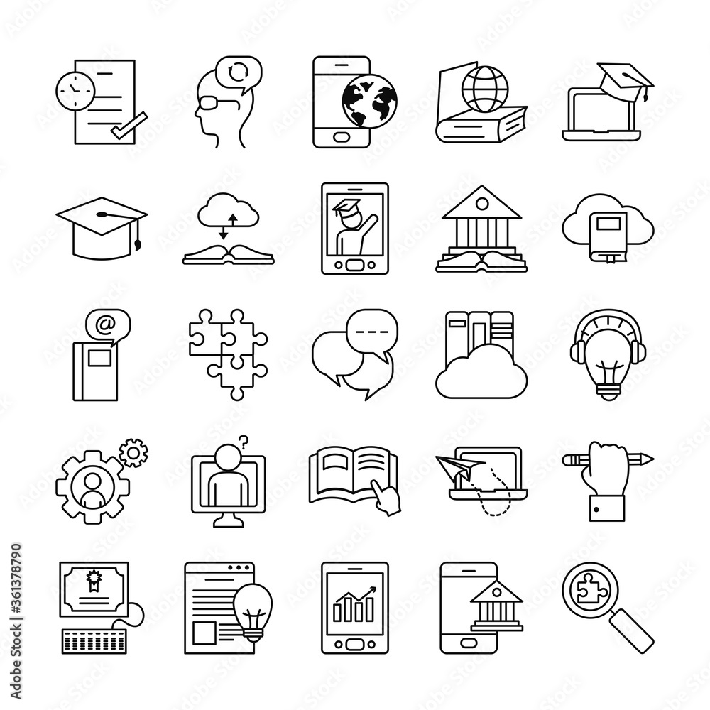 speech bubbles and online education icon set, line style speech bubbles and online education icon set, line style