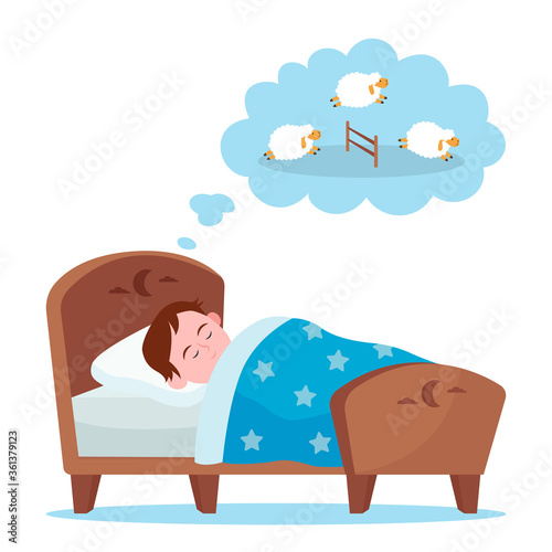 Little boy lying in bed and counting sheep. Dream, kid, sleeping flat vector illustration. Lifestyle and childhood concept for banner, website design or landing web page