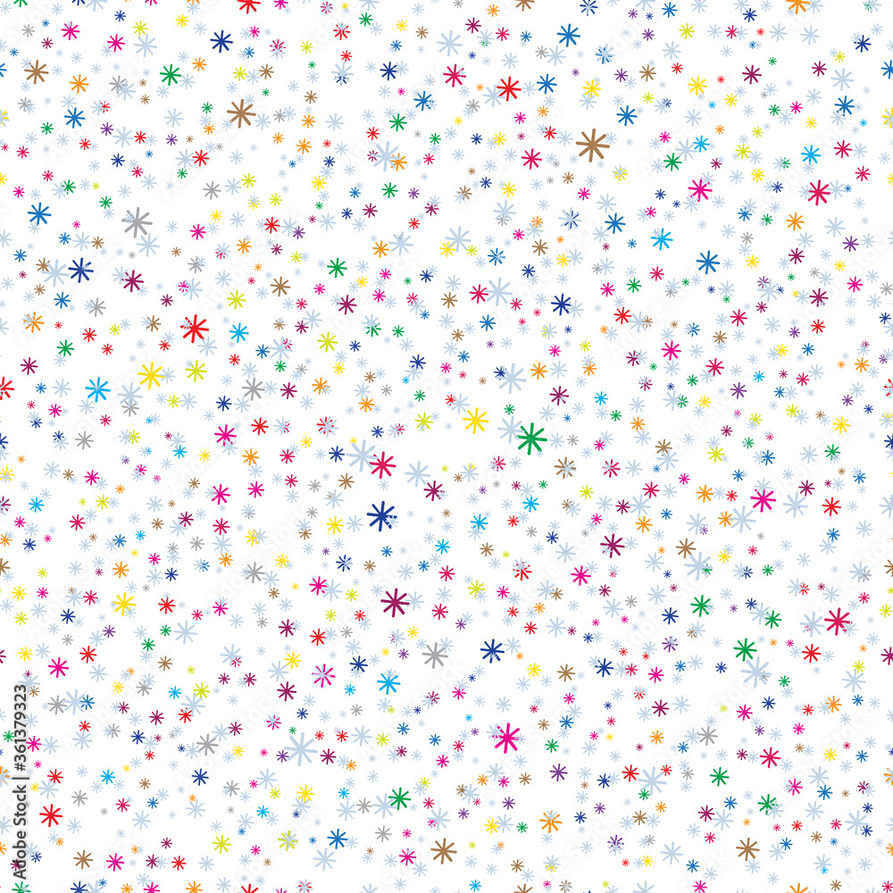 Snowfall. Holiday Wallpaper. Christmas and New Year background. Winter endless background. Snowflakes seamless pattern. Tiny Colorful snowflakes on white background.