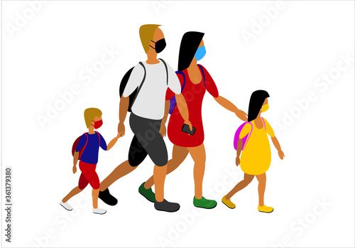 Familia  caminando con mascarilla sobre fondo blanco