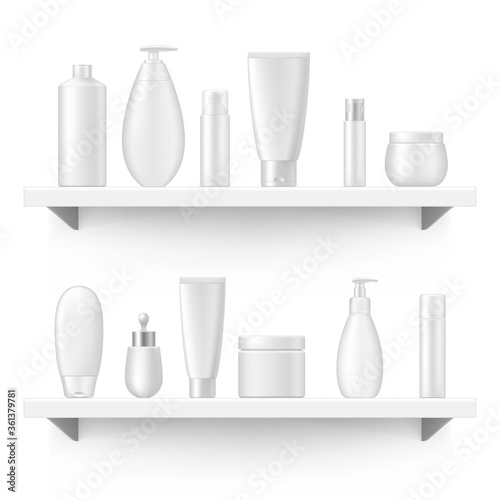 White cosmetic bottles  tubes  jars are on shelves realistic mockups set. Beauty product packaging templates.