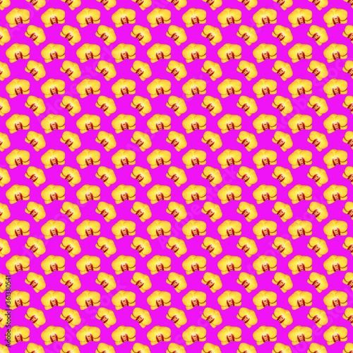 Seamless pattern of yellow Orchid flowers. Flowers for the background. Flowers on a purple background.