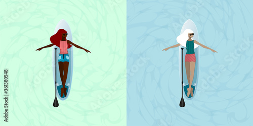 Afro American and Euronean cute girls is lying on sup board next to paddle on lake or sea. Vacation at seaside resort. vector illustration.