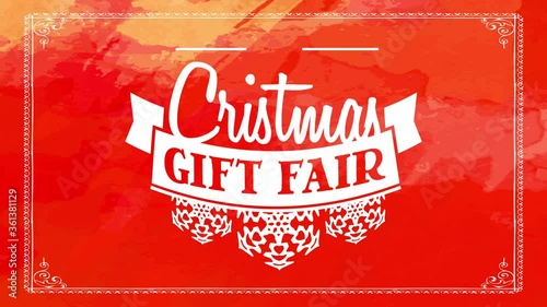christmas gift fair sign with white papercut snowflakes garland attached to ribbon with letters over red background