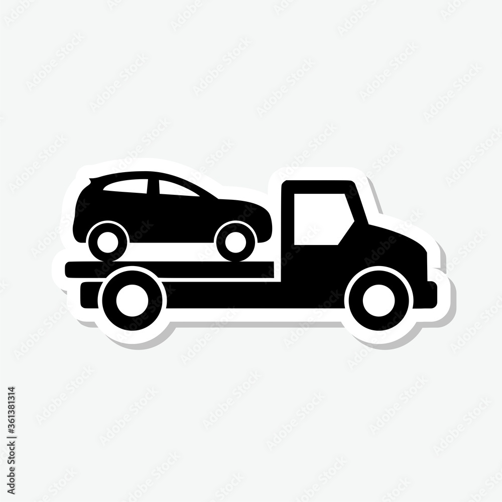 Car towing truck sticker icon isolated on gray background Car towing truck sticker icon isolated on gray background