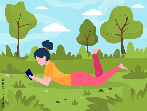 Young woman lying on meadow with smartphone. Phone, nature, leisure flat vector illustration. Lifestyle and digital technology concept for banner, website design or landing web page