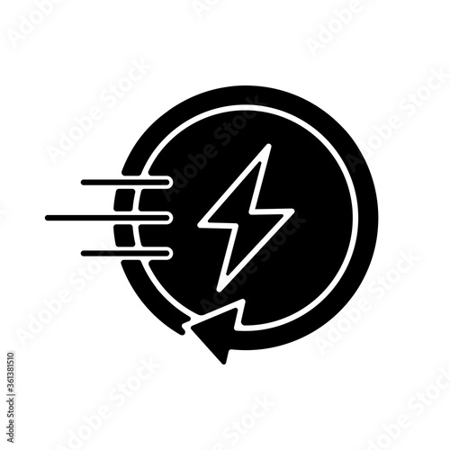 Fast charging black glyph icon. Quick charge technology, electric vehicle recharging station silhouette symbol on white space. Battery power restoration in short time. Vector isolated illustration