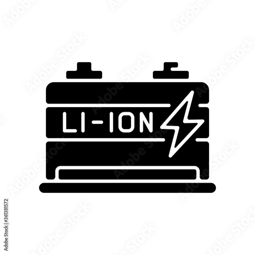Lithium ion battery black glyph icon. Modern electric equipment silhouette symbol on white space. Electric vehicle motor. Contemporary energy efficient accumulator vector isolated illustration