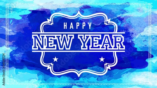 happy new year night party invitation with old fashion typography on white icon over blue watercolor surface