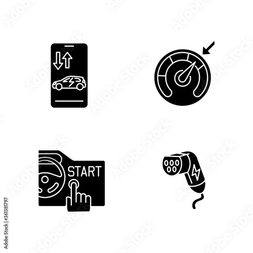 Smart car technologies black glyph icons set on white space. Electric vehicle charging plug. Remote auto access, cruise control, keyless ignition silhouette symbols. Vector isolated illustrations