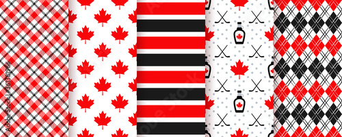 Canada seamless pattern. Vector. Happy Canada day textures with maple leaf, stripe, syrup, hockey stick, plaid and rhombuses. Set of Canadian prints. Red black illustration.